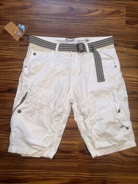 Projekt White Men's Cargo Shorts with Gray Striped Belt